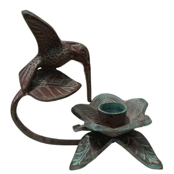 Bronze Hummingbird & Flower Sculpture Candle Holder Bird Floral Leaves Verdigris - Picture 2 of 14